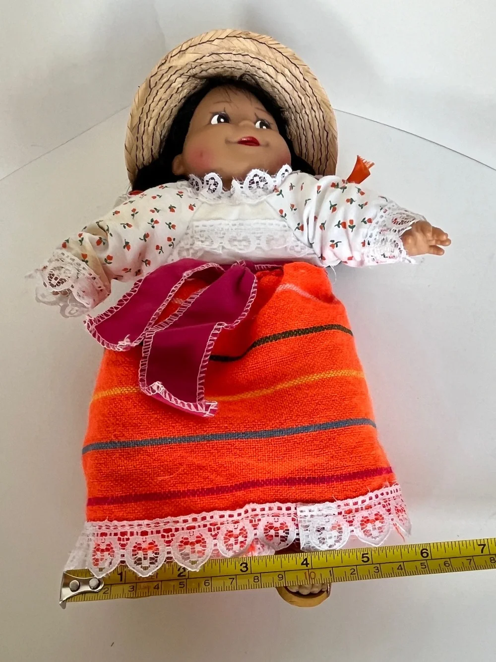 Colorful Peruvian Folk Girls Doll Orange-Striped Outfit with Straw Hat